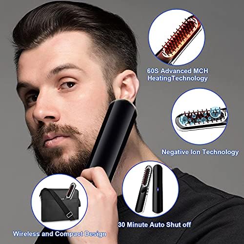 Escova de alisadores de barba sem fio para homens, vloxo profissional alisador de cabelo pente de calor portátil anti escaldamento