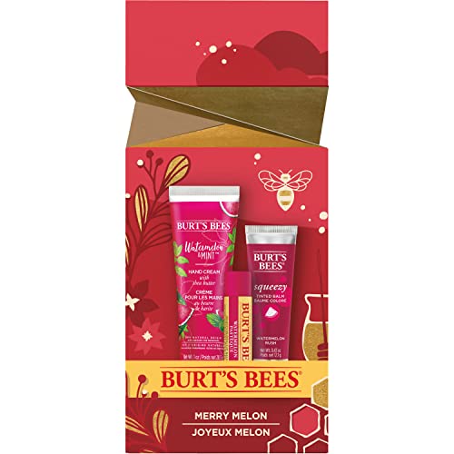 Presentes de Natal de Bees Burt, 3 Produtos de Stufas, Conjunto de Melão Merry - Bálsamo para lábios hidratantes da melancia, bálsamo e creme de mão coloridos