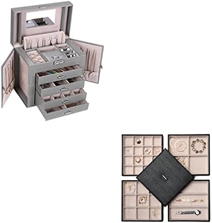 Caixa de organizador de jóias bewishome, caixa de jóias com gavetas, organizador de colar para mulheres meninas com espelho