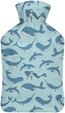 Baleias sereias Narwhals garrafa de água quente 1000 ml com tampa macia removível Saco de injeção de água de pacote frio para pés mais quentes de pés mais quentes
