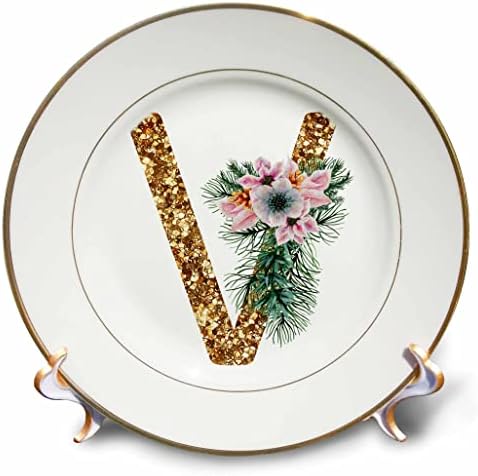3drose rosa Poinsétia Imagem de Gold Glitter Christmas Monogram Inicial V - Placas