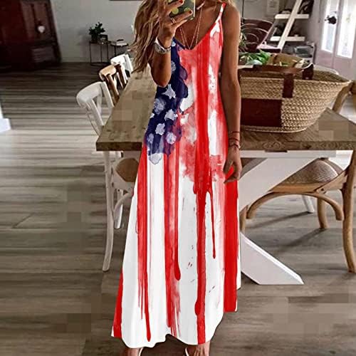 HCJKDU 4 de julho Vestidos para mulheres Independência Dia do dia sem mangas contra vestido maxi casual casual EUA bandeira de