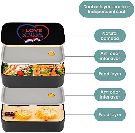 Eu amo o Reino Unido Double Cayer Bento Lunch Bow com utensílios de utensílios de almoço empilhável inclui 2 contêineres