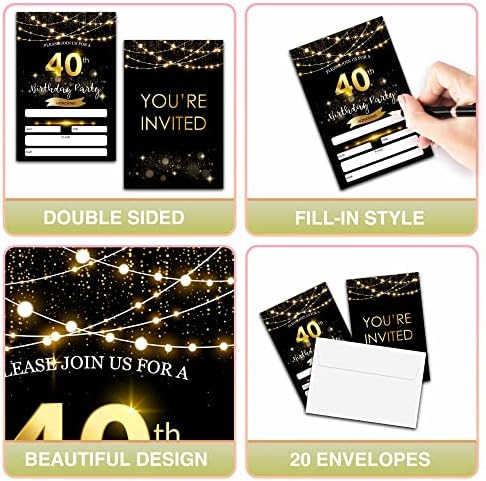 Convites de aniversário de 40 anos com envelopes - Cartões de convite de preenchimento de ouro de ouro preto - Cartão de