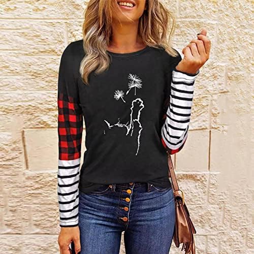 Camiseta feminina de girassol com manga longa ladilhas de retalhos xadrez de retalhos de retalhos impressos camisetas gráficas foficas camisetas