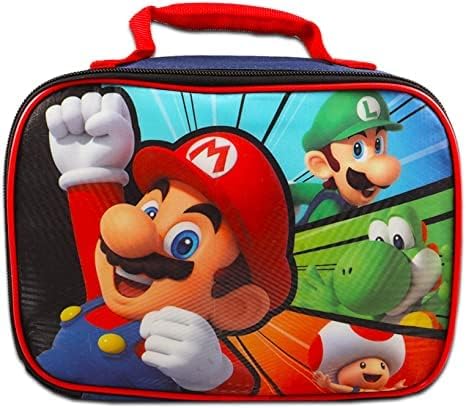 Mario Shop Super Mario Backpack com lancheira para crianças ~ 4 PC Bundle com Mario, Yoshi e Luigi, com bolsa escolar, adesivos,