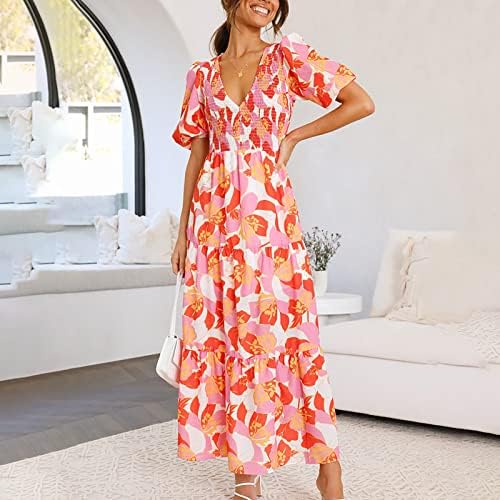 Vestidos florais de manga de feminina feminina Sexy Deep V Neck Smocked Dress Elastic Bainha Flowy Swing Maxi Dress Summer