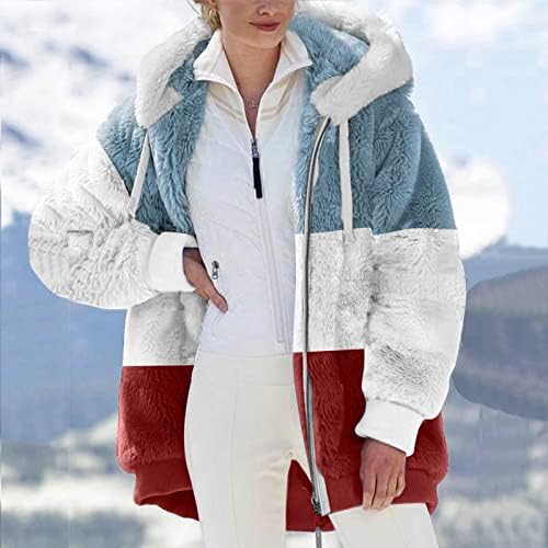 Casacos de jaqueta lã difusa feminina com casacos de retalhos de retalhos de colorido com bolsos com zíper de manga longa.