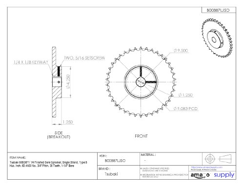 Tsubaki 60b38f-1d acabou com rodas dentadas, fita única, polegada, 60 ANSI No., pitch de 3/4 , 38 dentes, furo de 1-1/4