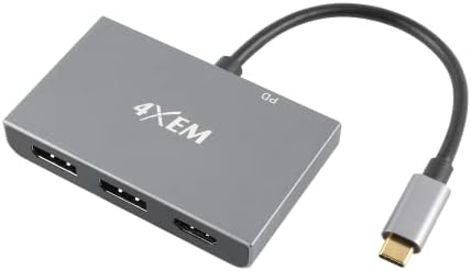 4XEM- Adaptador de cubo multimonitor de 3 portas-USB-C a 2 DisplayPort 1.4 e HDMI 1.4 MST Hub, monitores de vídeo