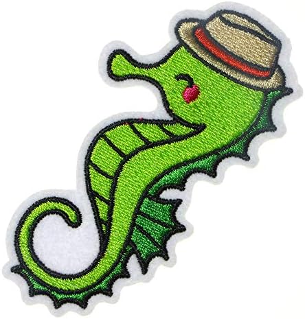 JPT - Horse marinho verde com um chapéu fofo de desenho animado Apliques bordados Ferro/costurar em patches Citão de logotipo fofo em um colete de colete de colete