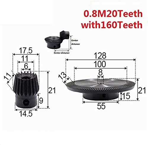 Uteyeew 2pcs 1: 8 engrenagem chanfrada 0,8 módulo 20 dentes Hole de 6mm 160 dentes Hole interno 8mm 90 graus de comutação de