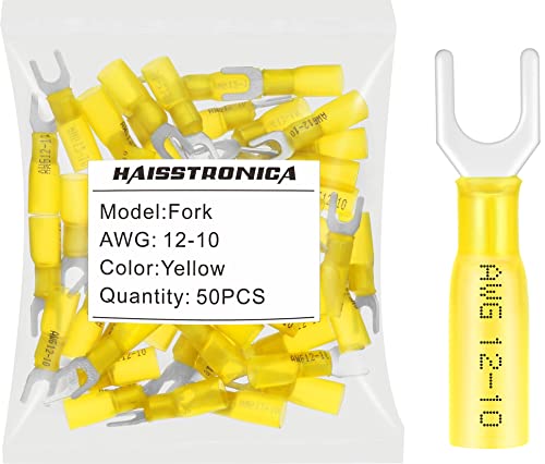 HAISSTRONICA 50pcs 10 Conectores amarelos de garçonete de calor amarelo, 12-10 Terminais de arame elétrico com isolamento