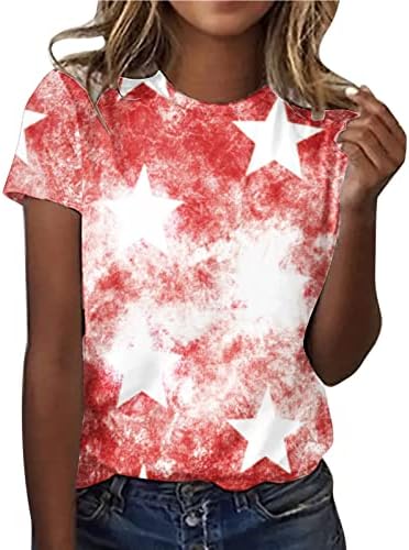 Camisa de manga longa sintética Mulheres bandeira impressão o Pescoço de pescoço de manga curta Camise de pescoço redonda camiseta casual feminino