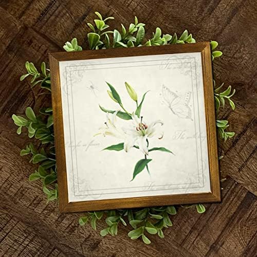 A Terra ri em flor de floresta sinais emoldurados vintage borboleta lírio flor de madeira placa de madeira rústica plantas natura