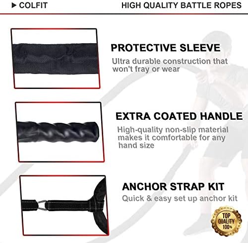 Colfit Battle cordas com kit de âncora - cordas duráveis ​​de exercícios duráveis ​​com cobertura protetora - corda de batalha
