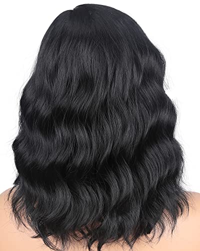 Symiw Wavy Wavy Wags com franja, perucas pretas de 14 polegadas para mulheres negras com aparência de luz sintética de