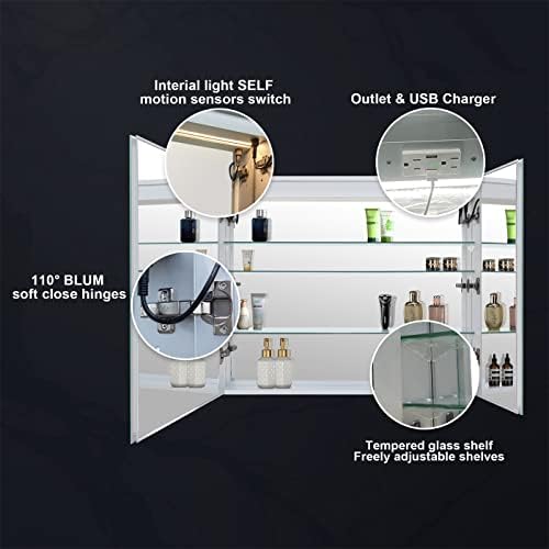 Bem para o banheiro LED Gabinete espelhado com prateleiras ajustáveis, escuridão, lojas e portas USB, defog, armário