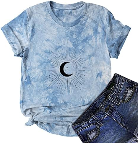 Mulheres tie-dye camiseta sol e lua impressa no verão tops de gola alta camiseta curta camiseta de manga curta blusas casuais