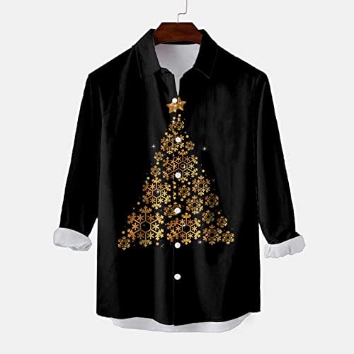 XXBR Christmas Button-Down Camisetas para homens, manga longa 3D Xmas Snowflake Print Print Hawaiian Cirche Party Casual