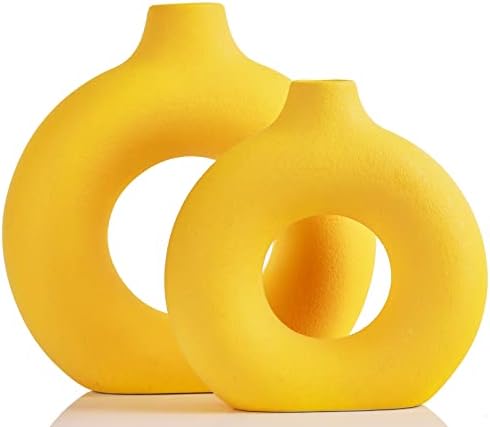 Vaso amarelo, decoração de casa amarela, conjunto de vasos de cerâmica amarela de 2, vaso decorativo amarelo da fazenda moderna, vasos boho, vaso decorativo para flores secas de grama pampa, mesa, estante