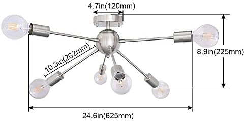 Lâmpada de teto Sputnik lustre de 6 luzes de níquel escovado Luzes de níquel de níquel semi descarga de teto de montagem luz