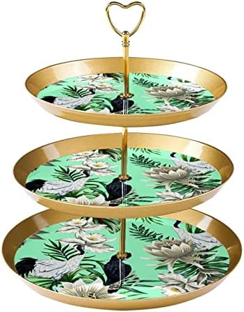 Porta de bolo de cupcakes de 3 camadas, Jungle Leaf Sparrow Reutilable Triered Serving Stand Pastry Torre para festa de chá de aniversário