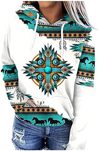 Pullover de capuz feminino Pullover de estilo étnico ocidental impressão asteca moleto