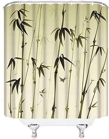 Cortina de chuveiro de bambu vintage da amhnf pintura de tinta de estilo chinês de estilo chinês Bamboo Bird Home Banheiro