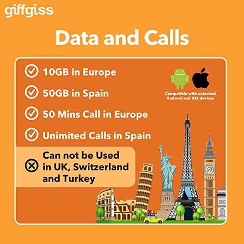 Orange Europe Pé -pago Cartão SIM - Dados da Internet de 10 GB em 4G/LTE + 50 minutos Ligue para a Europa, 50 GB + chamadas ilimitadas na Espanha, Cartão SIM da Europa por 28 dias, ponto de acesso suportado, padrão/micro/nano