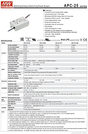 MW média bem invólucro de plástico APC-25W-1050/350/500/700mA não-PFC de saída constante VoltageEad Wire Type-C.V IP95