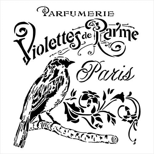 Estêncil de pássaro antigo francês de Paris com flores por Studior12 | Script vintage DIY decoração e móveis para casa | Parfumerie Violet | Pintar placar de madeira | Modelo mylar | Selecione o tamanho
