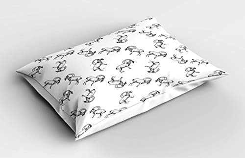 Ambesonne Cable Pillow Sham, desenhado à mão como esboço monocromático de animais de cabra de montanha contínua, pasta de tamanho padrão decorativo, 26 x 20, branco e cinza a carvão cinza