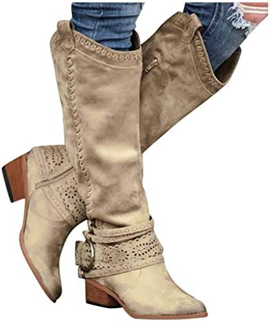 Sobre as botas de joelho para mulheres vintage feminina feminina quadrada cabeça de salto baixo rodeio oeste zíper