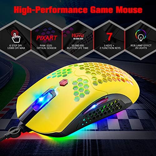 Wired Lightweight Gaming Mouse 65G, 26 RGB LIGADO DE GAME USB BENÇÃO RGB E 7 BOTÃO DOISTRA PROGRAMÁVEL, PAW3325 12000DPI, com