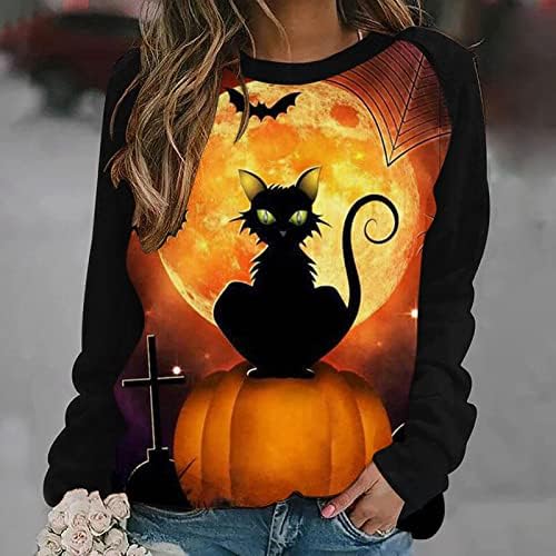 Férias cinza Halloween blusas casuais menina adolescente de manga comprida Crew pescoço abóbora lua gato kawaii blusas camisole feminino m