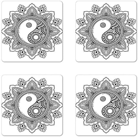 Conjunto de montanha -russa étnica de Ambesonne, ilustração de um design circular Orient com um yin yang no centro, montanhas -russas de quadro hardboard, tamanho padrão, cinza a carvão e branco
