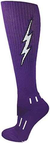 Meias Moxy Purple com relâmpago branco elétrico de raio insano de raio até as meias de futebol
