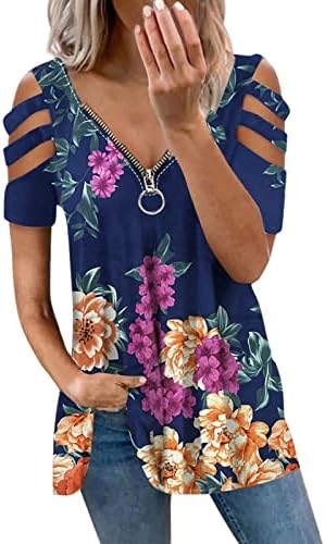 Lcepcy Cold ombros tops para mulheres zip V túnicas de pescoço Floral Cutout Princip