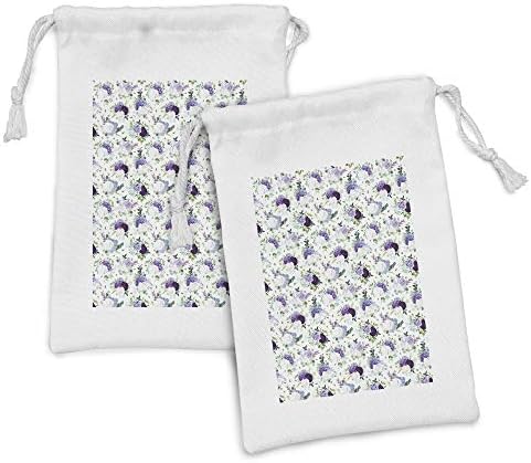 Conjunto de bolsas de tecido floral de Ambesonne de 2, tons repetitivos de lilás, flores de rosa hidrangea, pequena bolsa de cordão