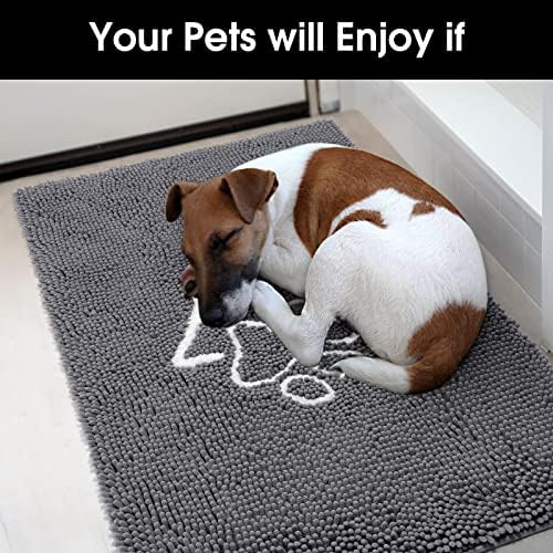 Homeideas Durável Chenille Absorvente Taca de porta Indoor, 24x36, tapete de entrada lavável para máquina, tapete de tapete de cachorro macio, para sapatos e patas de estimação, uma pata de impressão não deslizamento interno para entrada para entrada, sala de lama, cinza