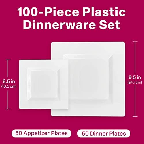 Placas plásticas de 100 quadrados, placas descartáveis ​​de plástico pesado para a festa, 50 pratos de jantar 9,5 + 50 salada Placas