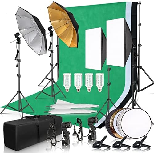 Liujun Photography Photo Studio Softbox Iluminação Kit com 2,6x3m Backdrops Tripod Stand Stand Refletor Board 4 Umbrella