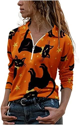 Moletom de Halloween feminino camisas de manga longa Catkins engraçados Pumpkins Graphic Pullover Trendy Zipper V Bush de pescoço camisetas