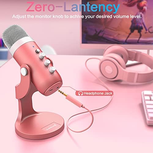 Microfone USB de jogos de zelo, microfone rosa com mudo rápido para telefone comprador PC PS5, MIC de estúdio com controle de ganho,