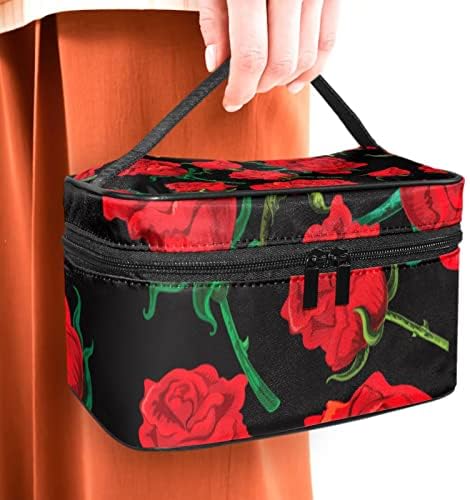 Saco de maquiagem pequeno, organizador cosmético da bolsa com zíper para mulheres e meninas, flores vermelhas florais florais