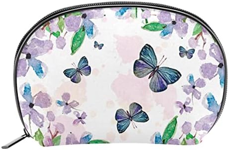 Saco de maquiagem pequeno, organizador cosmético para bolsas com zíper para mulheres e meninas, Arte aquarela floral borboleta roxa floral