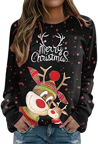 Narhbrg Christmas Mulheres tops fofos renas impressão casual solto de manga longa Crewneck suéteres moletons de férias