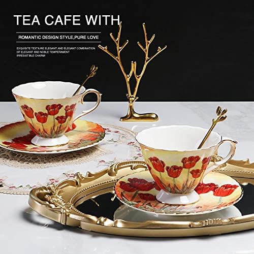 Sizikato Porcelain Cup e pires com colher dourada, xícara de café de 8 onças, xícara de café, padrão de flores de papoula