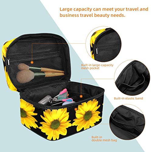 Padrão floral de girassol amarelo Padrão floral preto grande bolsa cosmética Travel Organizador do organizador de maquiagem